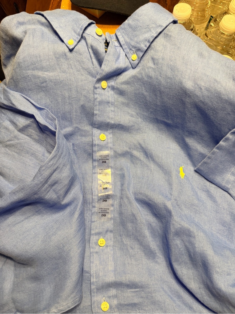 Ralph Lauren Men’s Light Linen Blue Button-Down Shirt with Yellow Logo